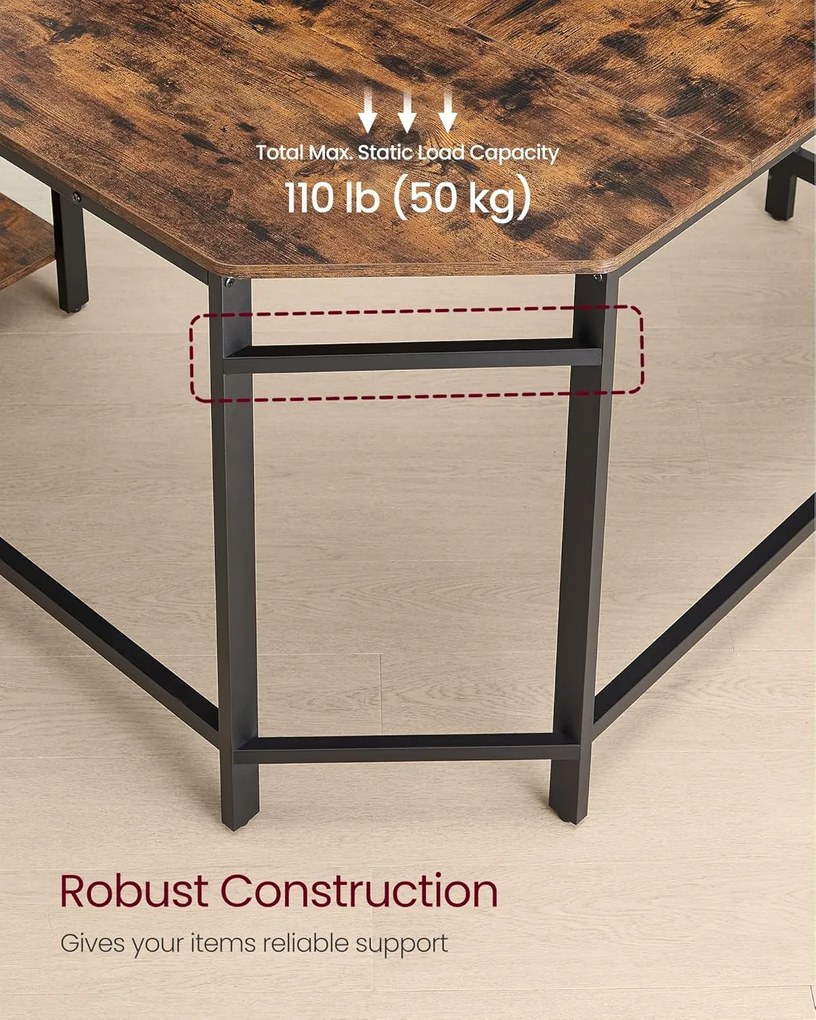 Számítógépasztal, L-alakú sarokasztal, 120 x 130 x 76 cm, rusztikus barna és fekete