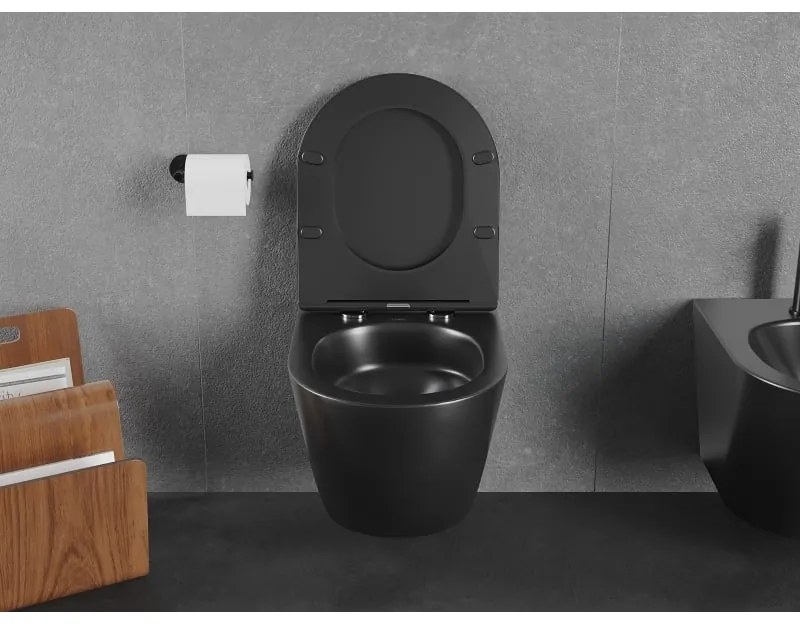 Mexen Lena, falra akasztható WC csésze 490x360x340 mm, Perem nélküli Tornado, matt fekete, 3322XX85T