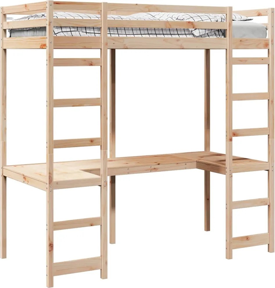 vidaXL Tetőtéri ágykeret Természetes 90 x 200 cm Tömör fenyőfa