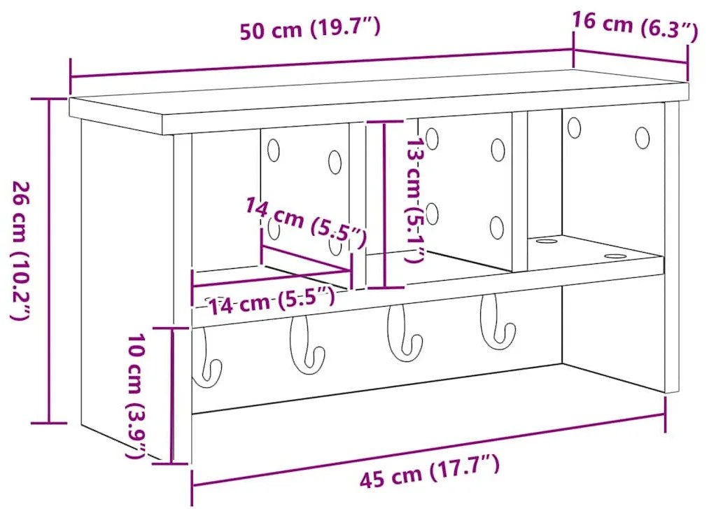 Fali Kabáthorog polcokkal Füstölt tölgy 50 x 16 x 26 cm Faanyag