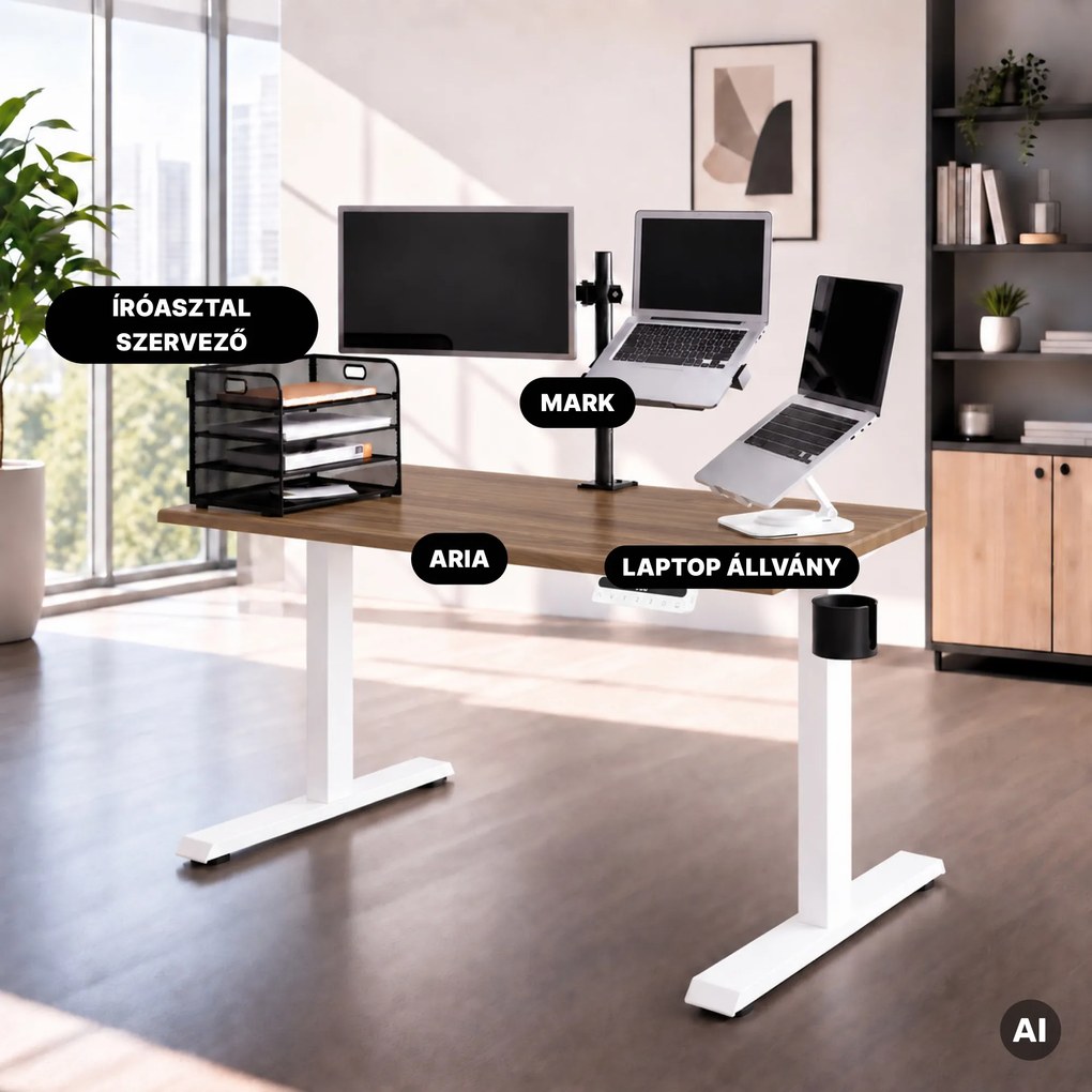 Elektromos, állítható magasságú, ergonomikus, fehér/dió íróasztal,1200x600 mm: ARIA