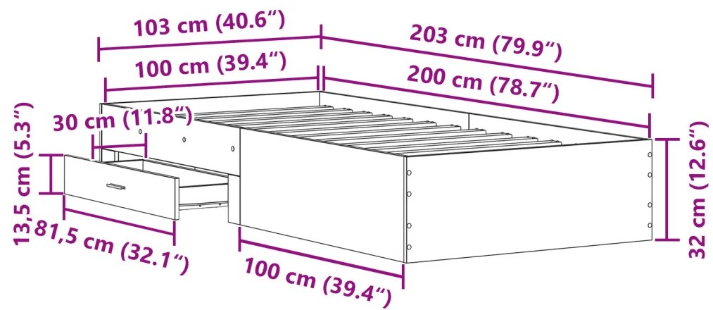 Ágykeret Fekete Tölgy 100x200 cm Műanyag Fa