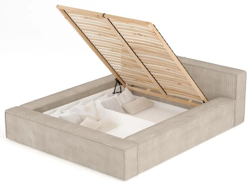 Bézs kárpitozott ágyneműtartós franciaágy ágyráccsal 200x200 cm Voliera – Maison de Rêve