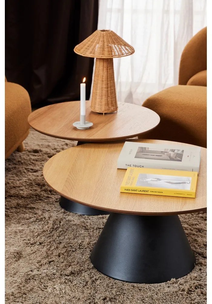 Fekete-natúr színű kerek dohányzóasztal tölgyfa dekoros asztallappal ø 85 cm Soli – Actona