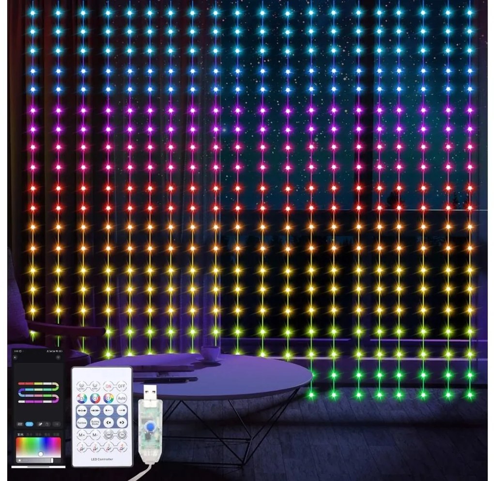 LED RGB Dimmelhető Karácsonyi függöny WIZARD 400xLED/USB 2x2m + távirányítás