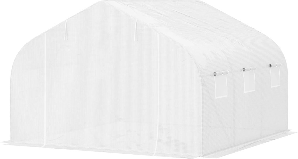 Outsunny Tunnelfólia Üvegház 3,5x3x2 m 6 Ablakkal és 140 g/m² PE Polietilén Borítással Növények, Virágok és Zöldségek Számára Fehér Teraszon | Aosom