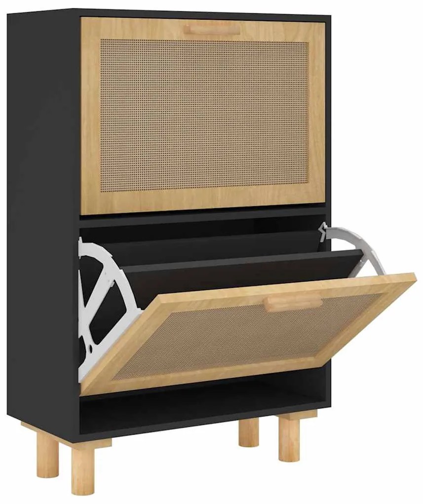 fekete szerelt fa és természetes rattan cipőszekrény 52x25x80cm