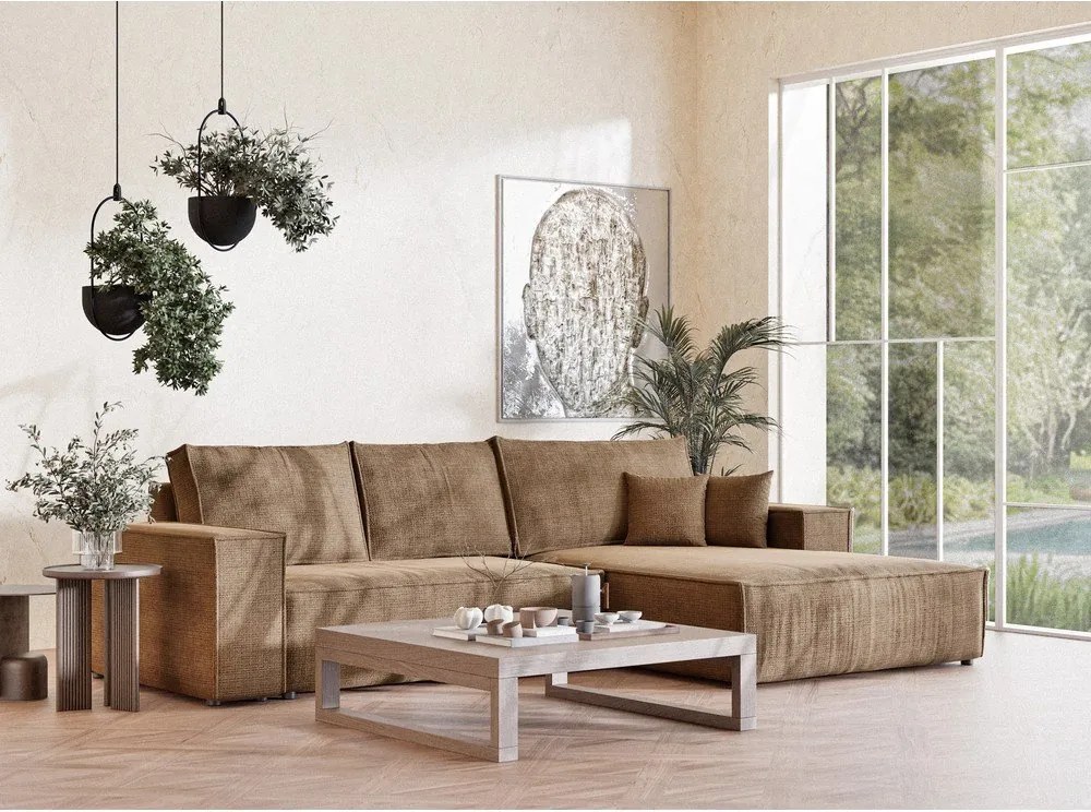 Világosbarna zsenília kinyitható-tárolóhelyes sarokkanapé (jobb oldali-heverő résszel) Maze – Maison de Rêve