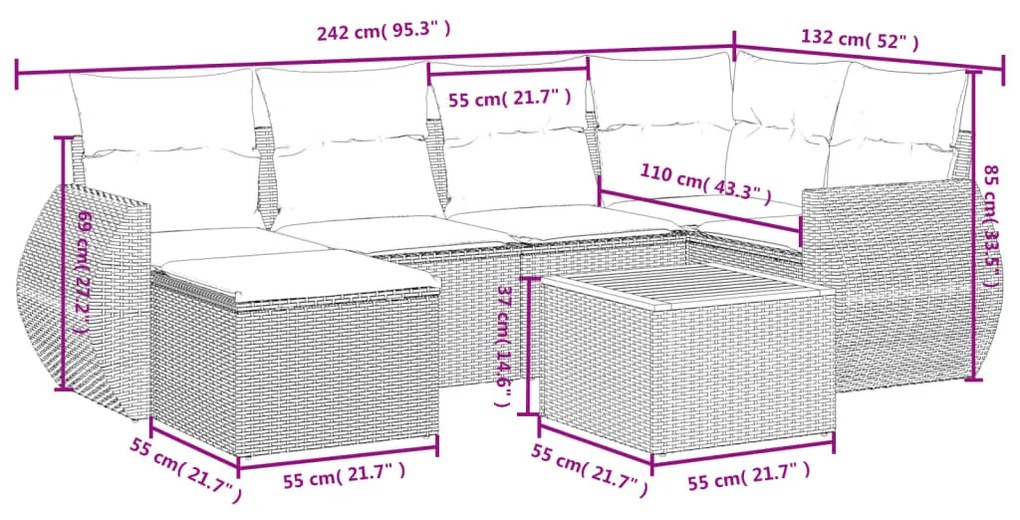 7 részes szürke polyrattan kerti ülőgarnitúra párnákkal