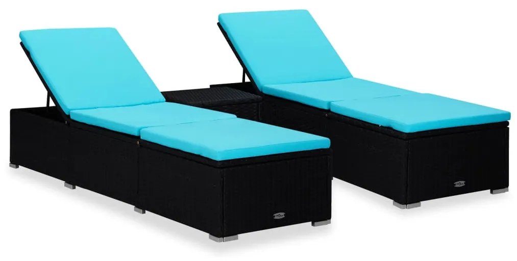 3 részes fekete polyrattan kerti napozóágy szett asztallal