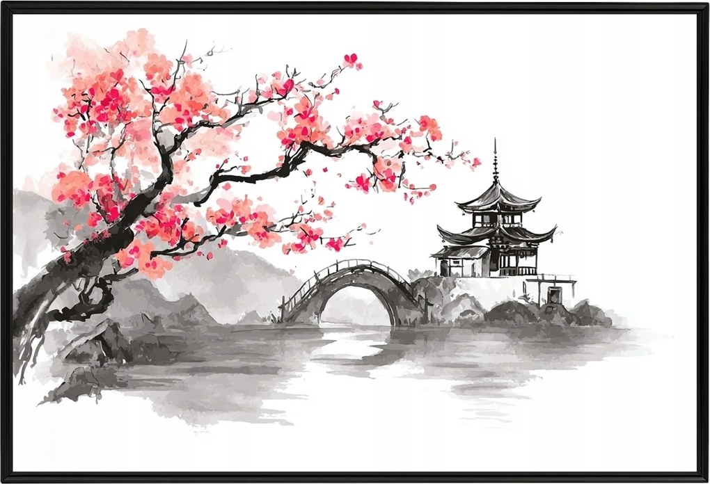Poszter Alumínium Keret Ázsia Kína Pagoda Híd Cseresznyefa Sakura 60x40