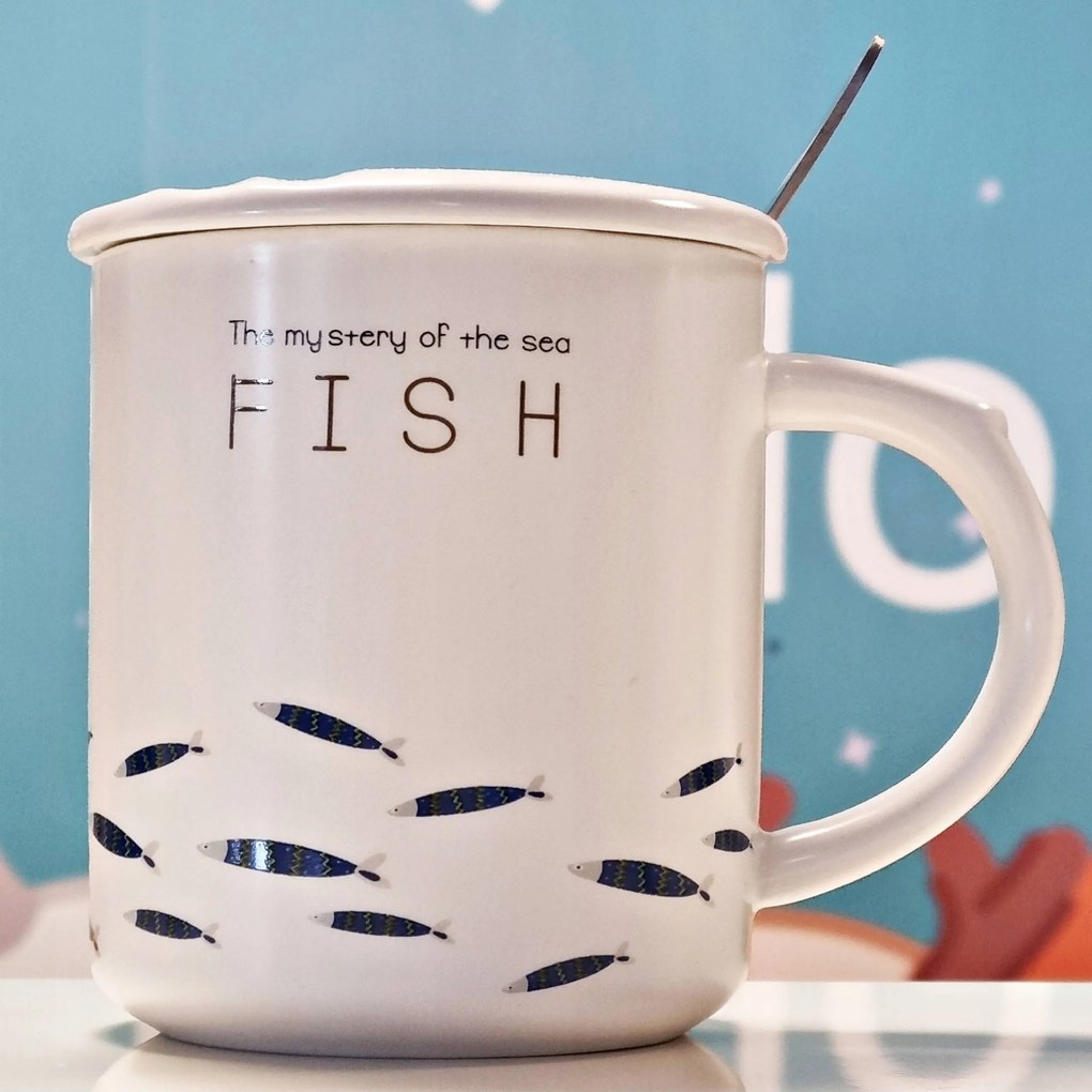 Kerámia bögre kanállal és haltartó fedéllel 330 ml Szuper Ajándék