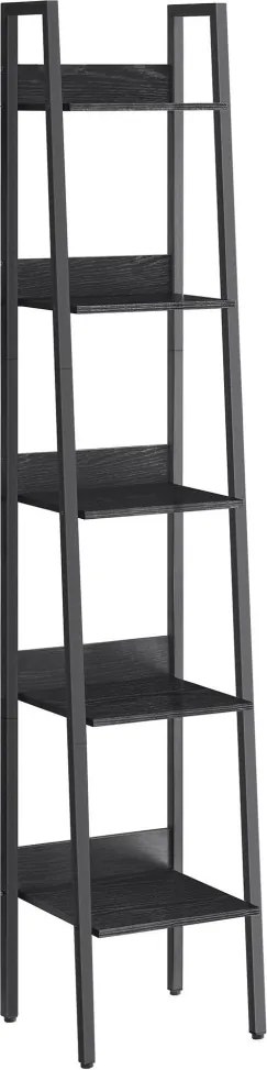 Létra polc, keskeny 5 szintes könyvespolc, fekete, 30×34×170 cm