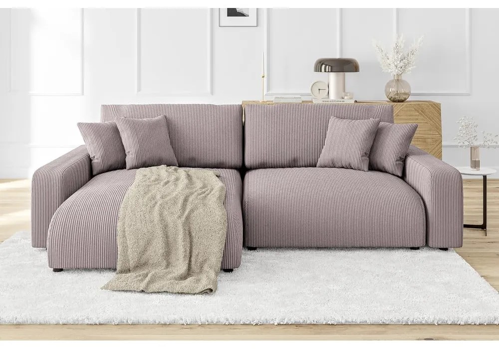 Világos rózsaszín kordbársony kinyitható sarokkanapé (variálható) Sara – Ropez