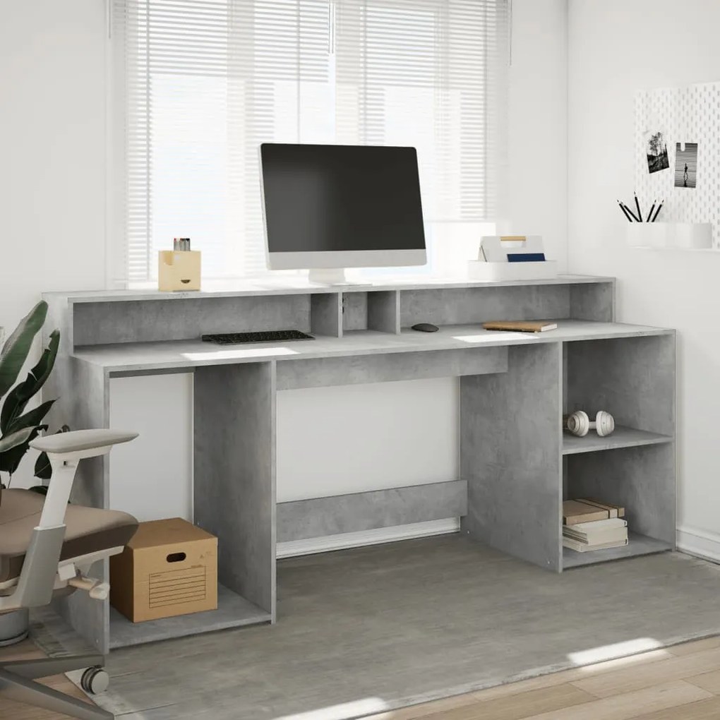 betonszürke szerelt fa íróasztal LED-világítással 200x55x91 cm