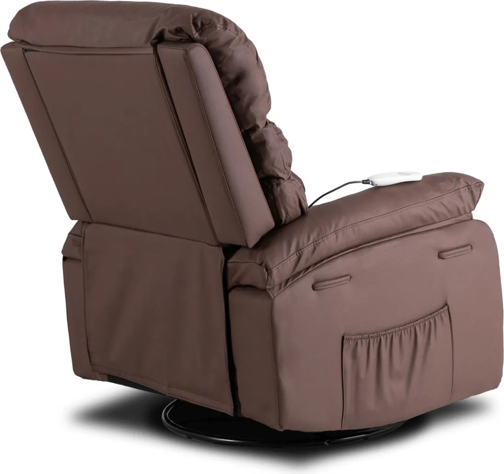 Masszírozós, hintafunkciós dönthető fotel barna színben, műbőr kárpittal BRUCE