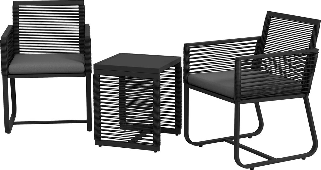 Outsunny 3 Részes Rattan Kerti Szett, Kültéri Lounge 2 Karosszékkel, Leválasztható Párnákkal és Fekete Üveg Kávézó Asztallal | Aosom