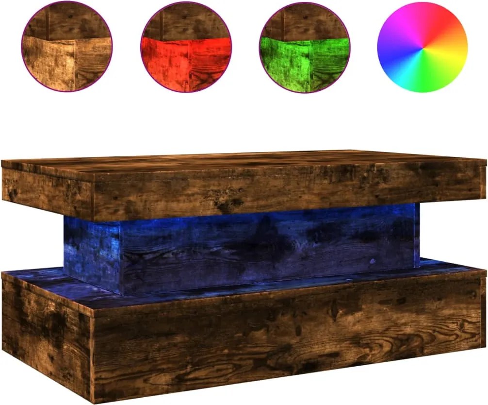 vidaXL füstös tölgy színű dohányzóasztal LED-lámpákkal 90x50x40 cm