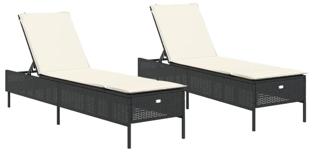 2 db fekete polyrattan napozóágy párnával