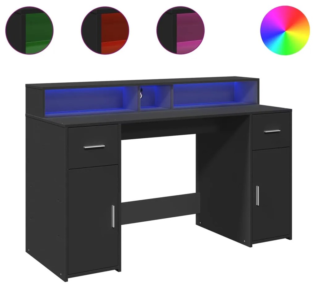 fekete szerelt fa íróasztal LED-világítással 140 x 55 x 91 cm