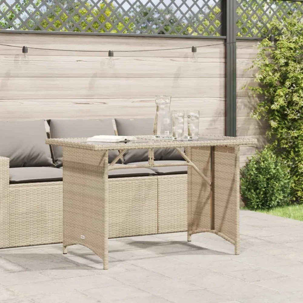 bézs polyrattan üveglapos kerti asztal 110x68x70 cm