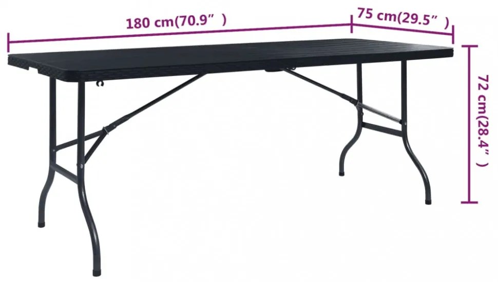 fekete HDPE rattan szerű összecsukható kerti asztal 180x75x72cm
