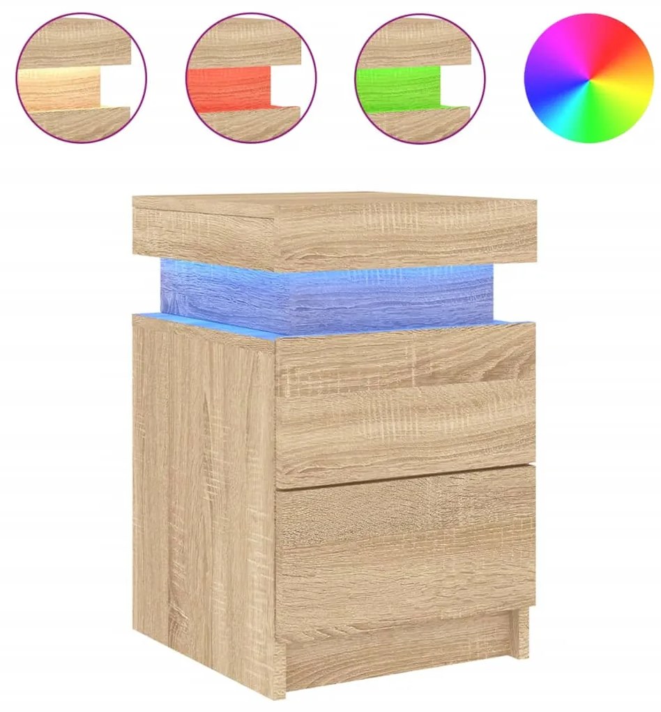 2 db sonoma tölgy színű éjjeliszekrény LED-del 35 x 39 x 55 cm