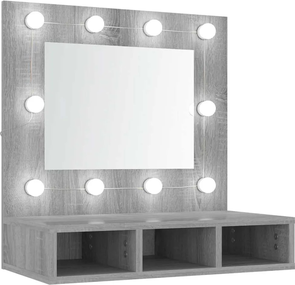 vidaXL szürke sonoma színű tükrös szekrény LED-ekkel 60 x 31,5 x 62 cm