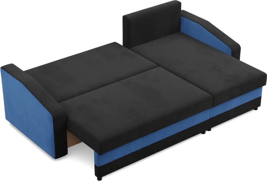 Hewlet sarokkanapé, 2 ágyneműtartóval, szövet anyag, univerzális oldal, hab töltet, fekete - kék