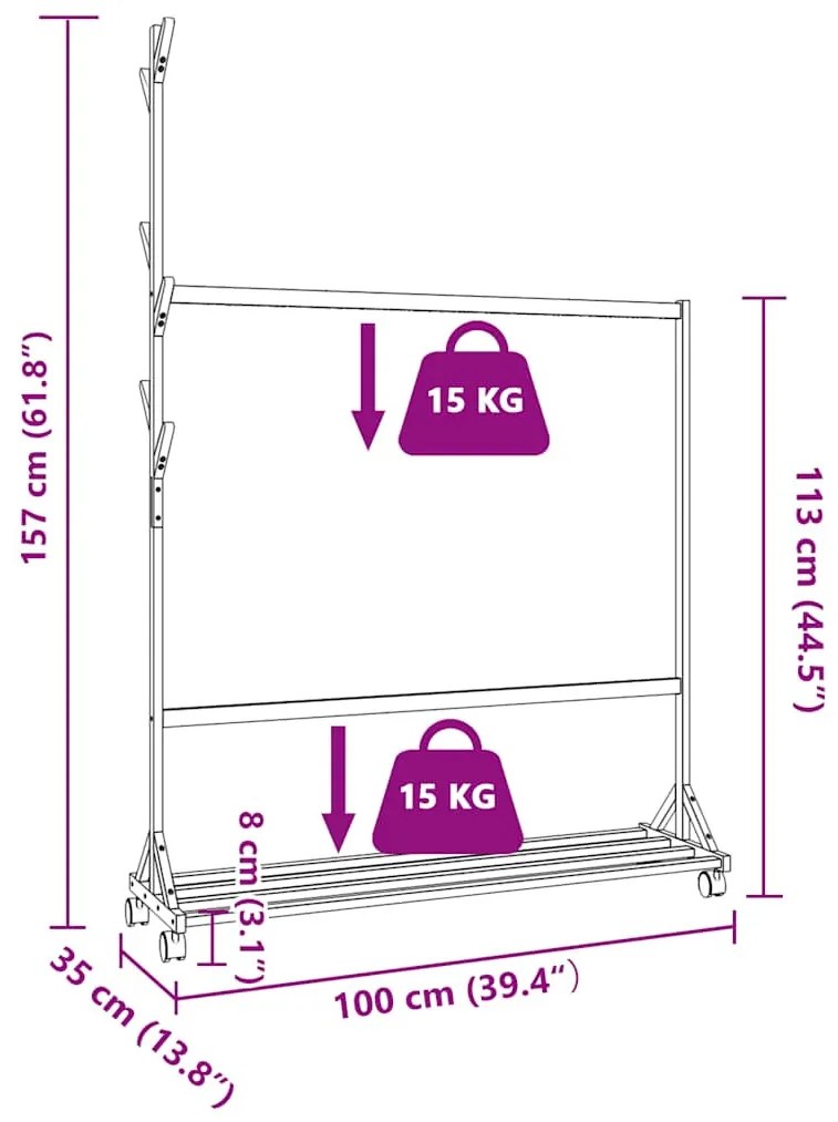 Ruhatartó állvány kampókkal kerekekkel 100x35x157 cm bambuszból