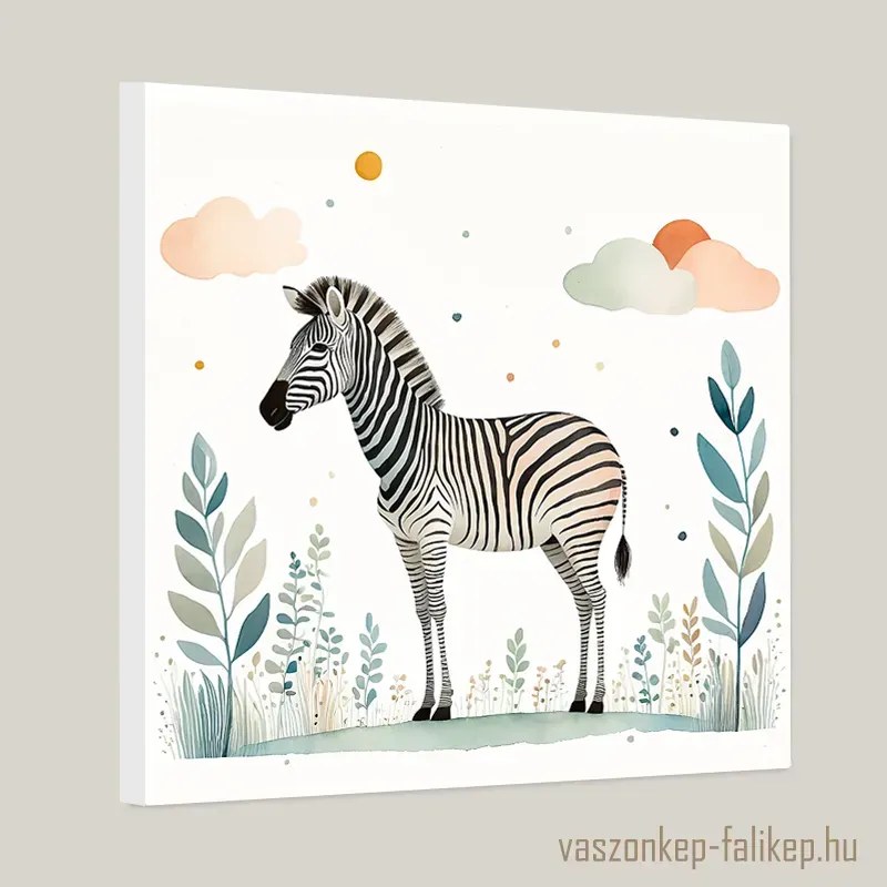 Zebra illusztráció akvarell – Légies, gyerekszobai falikép 40x40cm