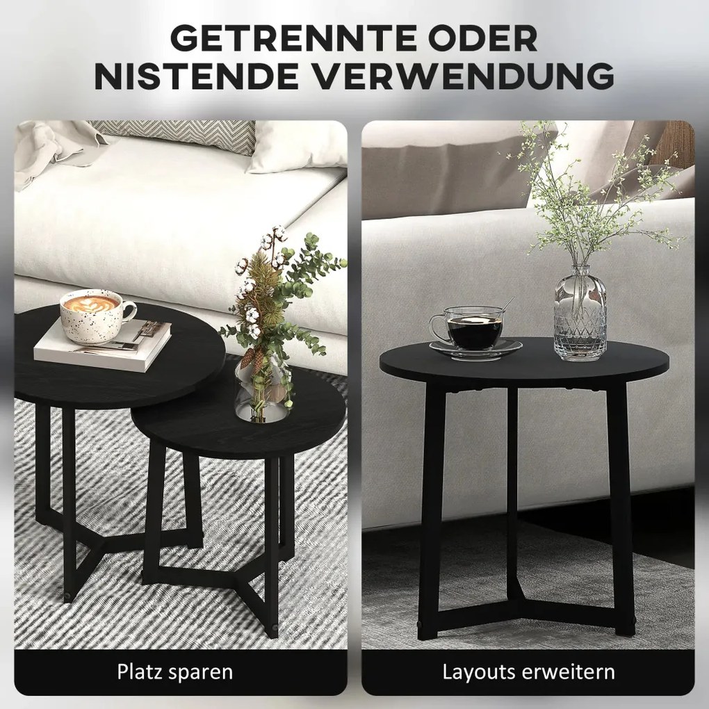 HOMCOM Modern dohányzóasztal szett 2 darabos, fém keret, MDF, kerek dizájn, rakásolható, fekete