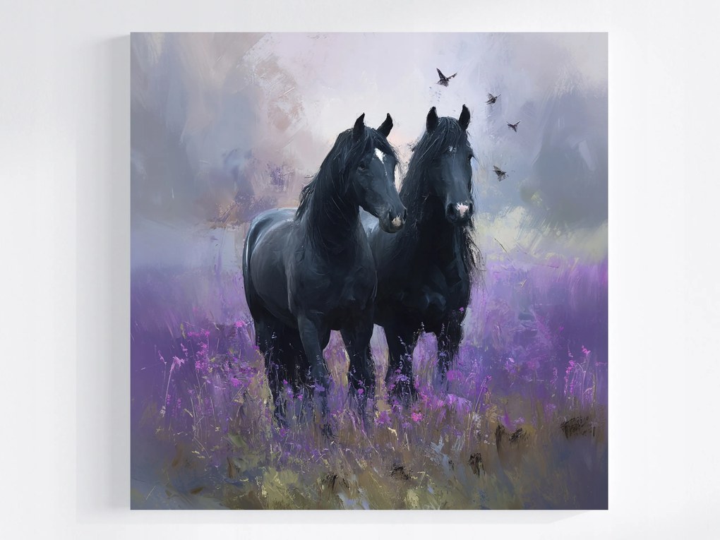 Vászonkép Canvas Természet Ősz Köd Rét Lovak Levendula Hanga 80x80