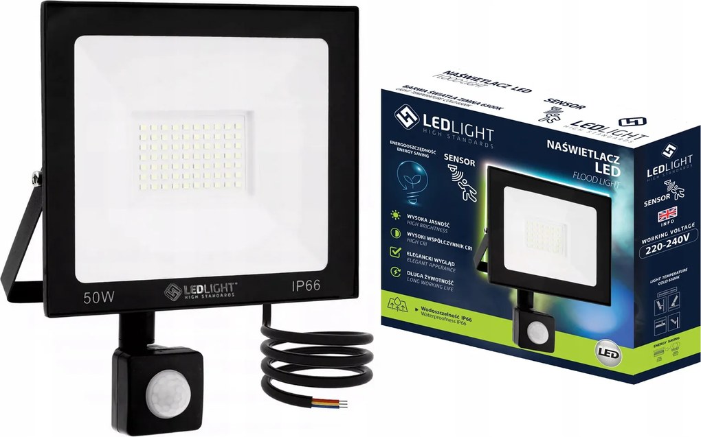 Halogén Led 50W Fényvető Pir Slim mozgásérzékelővel IP66 Munka Hideg