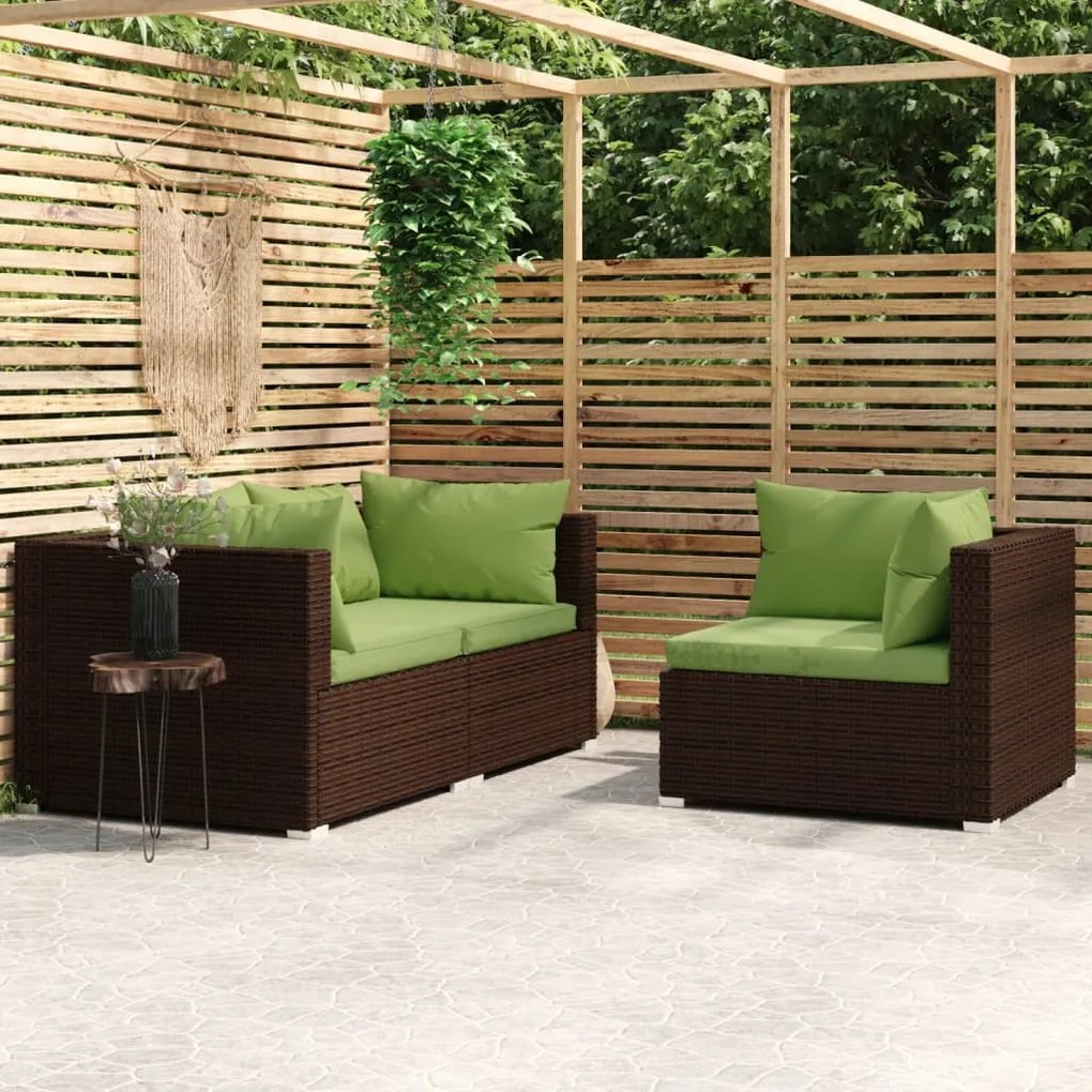 3 részes barna polyrattan kerti bútorszett párnákkal