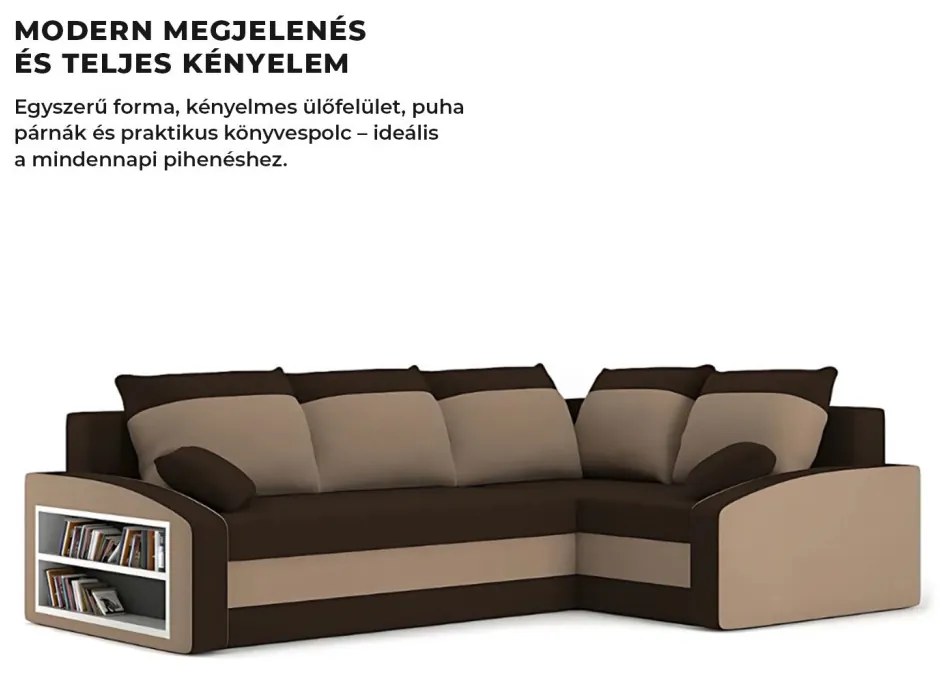 Grande sarokkanapé polcokkal , polc a bal karfaban, jobboldali, szövet anyag, hab töltet, barna
