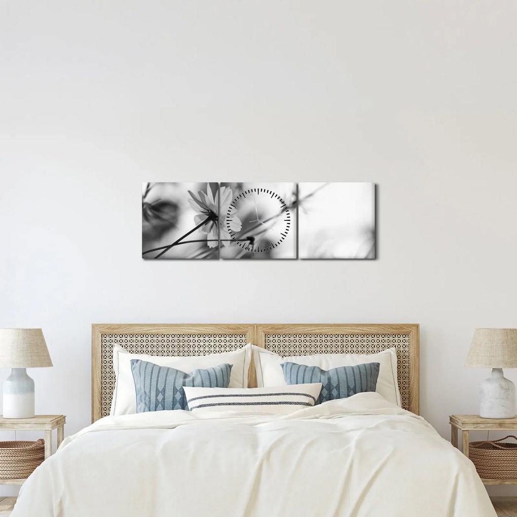 Kép - Fekete-fehér virágok (órával) (90x30 cm)