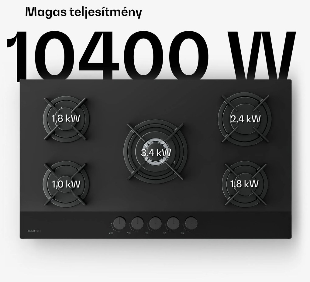 Klarstein Velaire gáztűzhely, 5 égős elektromos gyújtással, Földgázzal és LPG-vel kompatibilis, 10400 W, 90 cm
