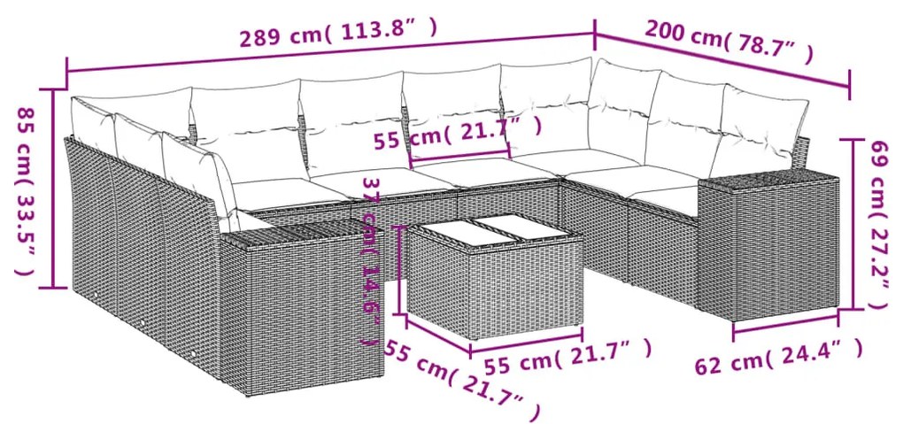 10 részes fekete polyrattan kerti ülőgarnitúra párnákkal