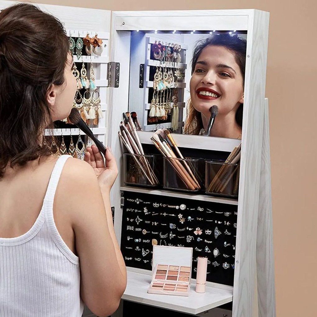 Szabadon álló tükrös ékszerszekrény, zárható, 6 led lámpával, 360°-ban elforgatható