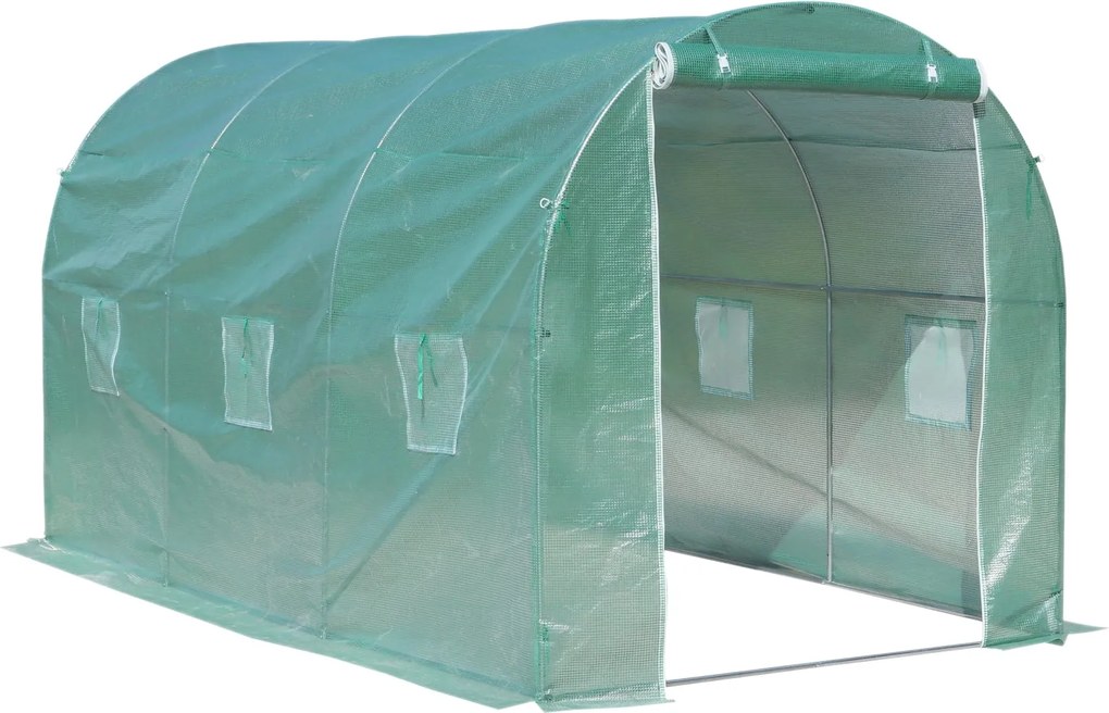 Outsunny Kert Alagút Üvegház 8 m² Alapfelület 4L x 2W x 2,05H m Erősített Csőváz Cippzáras Ajtó 6 Felgöngyölhető Ablak Zöld | Aosom