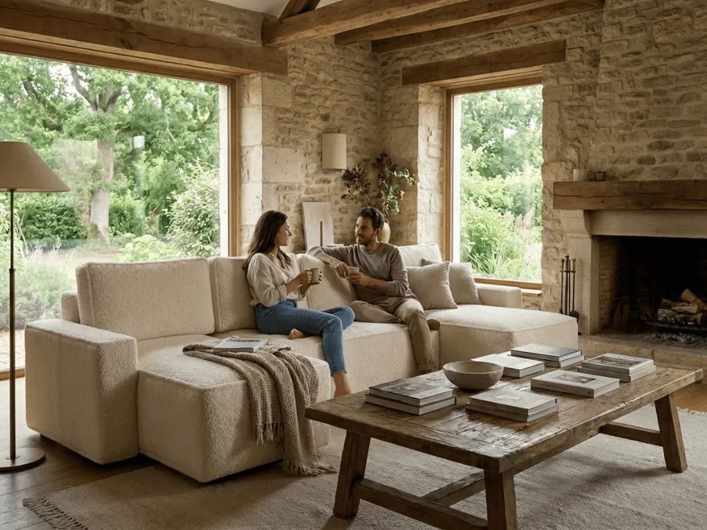 Kihúzható U alakú ülőgarnitúra SMART BOUCLE 303x143 cm, krém színű