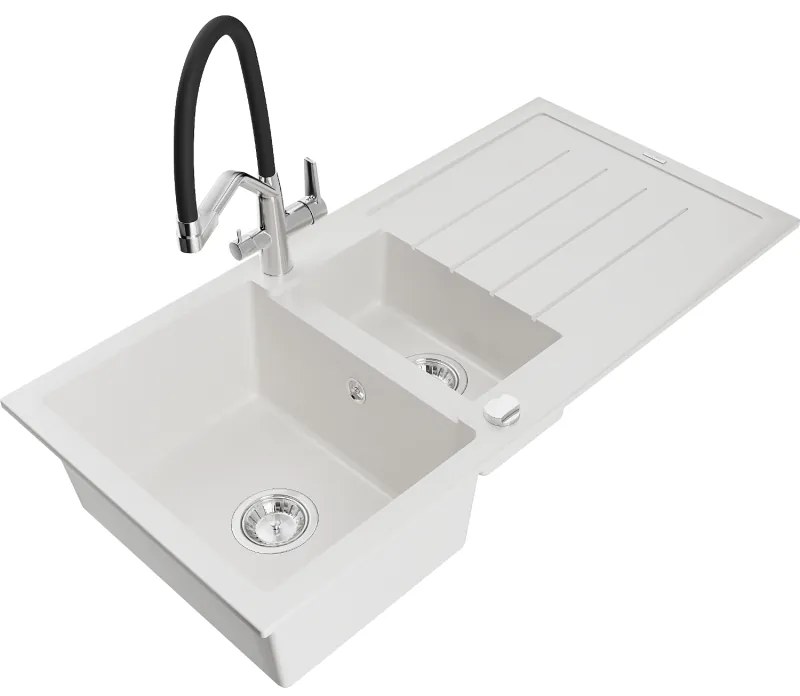 Mexen Andres gránit mosogató 1,5-medencés csepegtetővel és Duo konyhai csapteleppel, fehér - 6515-20-671701-07