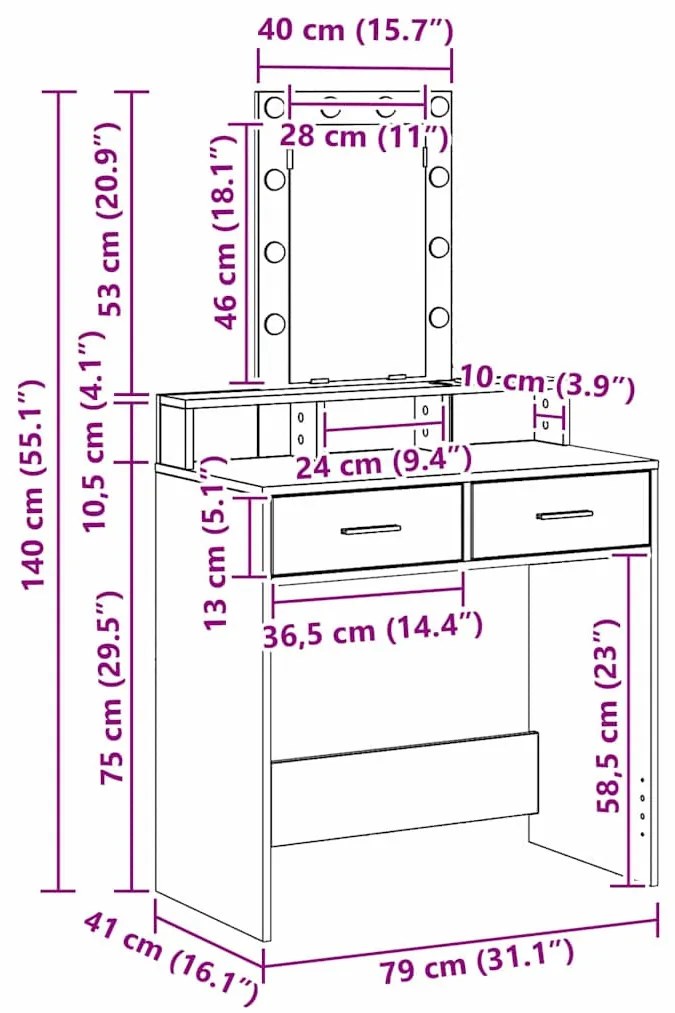 vidaXL Öltözködőasztal fiókkal tükörrel Barna 79 x 41 x 140 cm Faanyag
