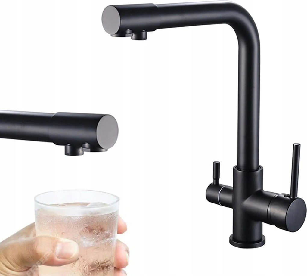 Háromutas Konyhai Csaptelep Forgatható Kifolyócsővel Szűrővel Matt Fekete