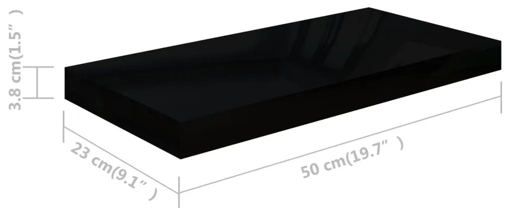 4 db magasfényű fekete MDF lebegő fali polc 50 x 23 x 3,8 cm