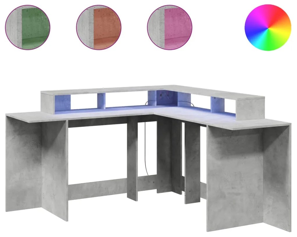 betonszürke szerelt fa íróasztal LED-világítással 152x152x91 cm