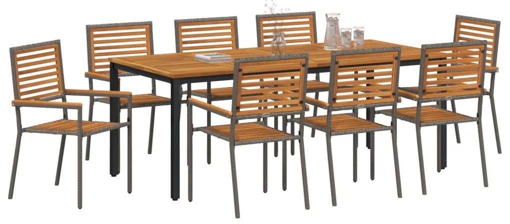 9 Darabos Kerti Étkező Szett Szürke Polirattan Tömör Akáccal, Egymásra Rakható Kerti Székek Párnákkal 2 db Szürke Polirattannal, Kerti Asztal 200x90x75 cm Tömör Akácfa és Fém