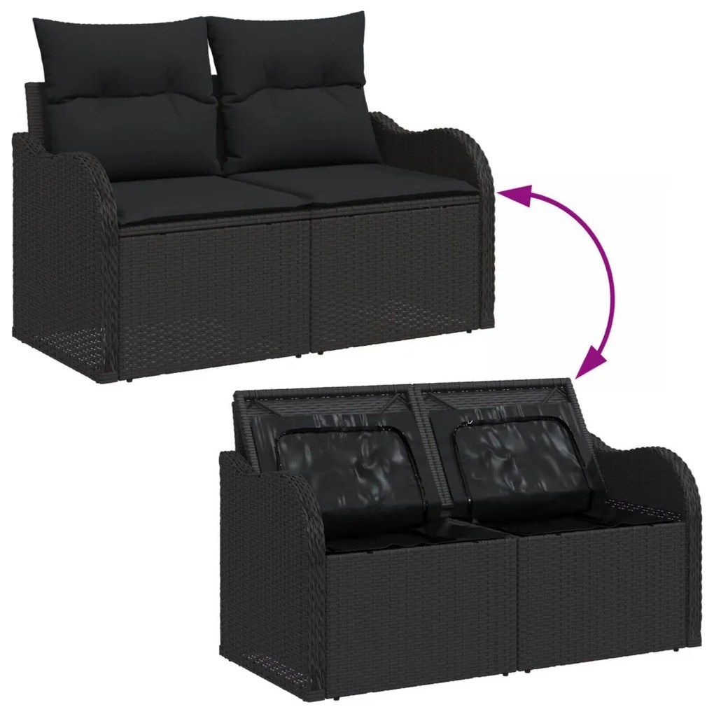 5 darabos kerti kanapé szett, párnákkal, fekete poly rattan, 2 fős kerti kanapé tárolóval és párnákkal, fekete poly rattan
