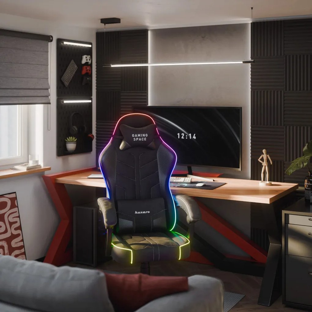 Gamer szék, forgó, ergonómikus, RGB világítással, fekete